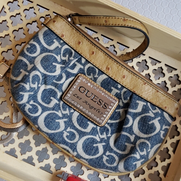 Guess Signature Bling Denim Wristlet Clutch Purse - Picture 7 of 7